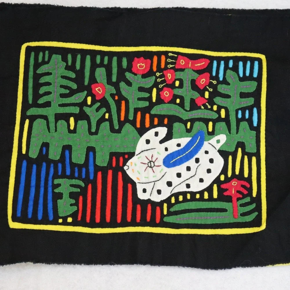 Vintage Kuna Mola Animal Textile Panels Pair Black Unisex Folk Art